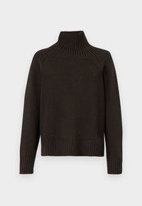 Maglione a collo alto in maglia nera con dettagli a coste al collo, ai polsini e all'orlo; ha una vestibilità ampia e una superficie texture.