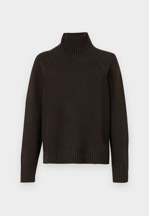 Svart strikket høyhalset genser med ribbet detaljer ved kragen, mansjettene og nederkant; har en avslappet passform og teksturert overflate.