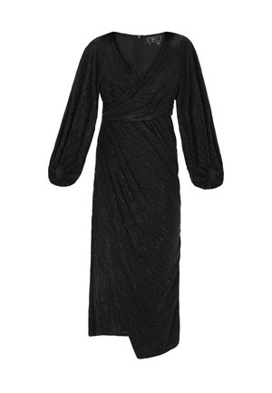 Schwarzes Wickelkleid mit langen, puffigen Ärmeln. Hergestellt aus strukturiertem Stoff, mit gerafftem Taillenbund und einem knielangen Saum. Reißverschlussverschluss hinten.