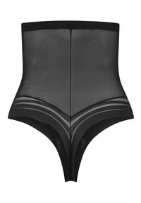 Gain de taille noir à taille haute en tissu maillé transparent avec des rayures horizontales contrastantes à la taille et une texture lisse.