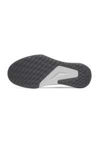 Suola di scarpa sportiva in bianco e nero con una superficie in gomma testurizzata, elementi di design angolari e un motivo di battistrada dinamico per la presa.