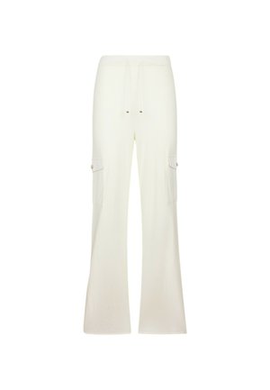 Pantaloni bianchi a gamba larga con due tasche laterali, vita elastica regolabile e dettagli in metallo dorato. Realizzati in un tessuto morbido e leggero.