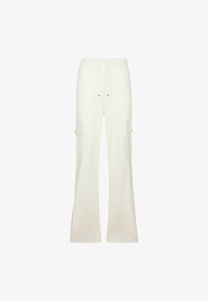Pantaloni bianchi a gamba larga con due tasche laterali, vita elastica regolabile e dettagli in metallo dorato. Realizzati in un tessuto morbido e leggero.