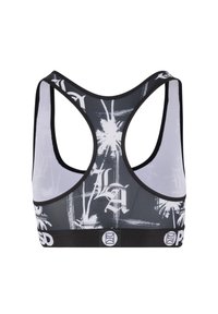 Zwarte en grijze sportbeha met een palmbomenpatroon, racerbackontwerp en een contrasterende zwarte elastische band met logo. 