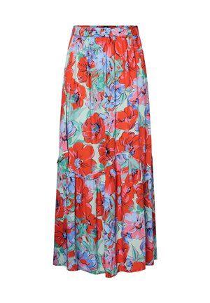 Kergest materjalist maxi seelik, millel on lilleline muster punase, roosa ja sinise värviga piparmündirohelisel taustal. Elastsest paelast vöökoht ja kihiline disain.