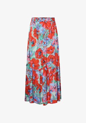 Kergest materjalist maxi seelik, millel on lilleline muster punase, roosa ja sinise värviga piparmündirohelisel taustal. Elastsest paelast vöökoht ja kihiline disain.
