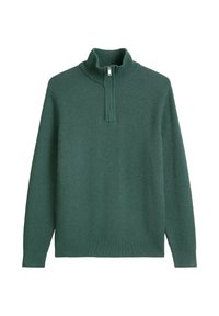 Pull-over en tricot côtelé vert avec un col haut et une fermeture éclair demi-longue, doté de manches longues et d'un ourlet droit.