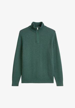 Pull-over en tricot côtelé vert avec un col haut et une fermeture éclair demi-longue, doté de manches longues et d'un ourlet droit.