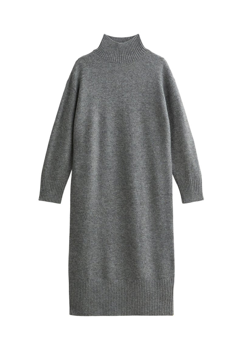 Graues Strickkleid mit hohem Rippkragen, langen Ärmeln und gerippten Bündchen, das einen lässigen Schnitt und eine mittelange Gestaltung bietet.
