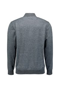 Grijze gebreide sweater met lange mouwen, een kraag en een textuurstof. Heeft een rechte snit bij de taille en geribde manchetten.
