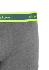 Szare bawełniane bokserki o gładkiej fakturze, z kontrastującym turkusowym pasem oraz neonowym zielonym akcentem i logo.