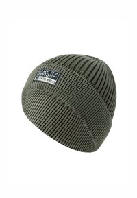 Olive green knitted beanie with ribbed texture, featuring a rectangular label with "CAMP DAVID" and a limited edition number.