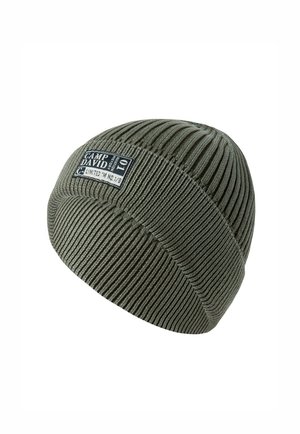 Olive green knitted beanie with ribbed texture, featuring a rectangular label with "CAMP DAVID" and a limited edition number.