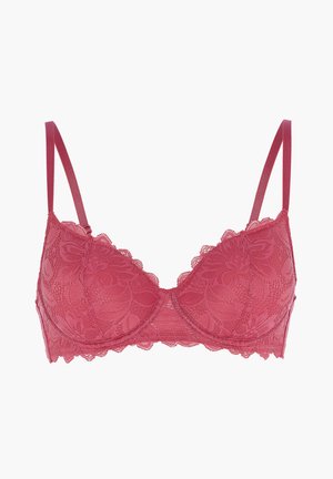 Reggiseno in pizzo di un profondo colore rosa, con motivi floreali, spalline in satin regolabili e un bordo ondulato lungo le coppe e la fascia.