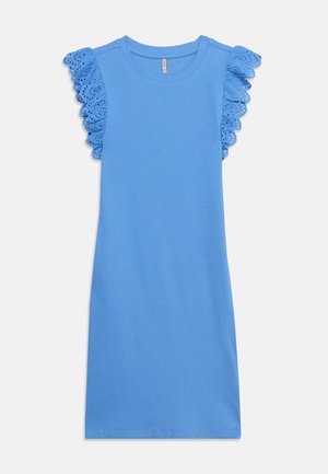 Blue sleeveless dress with round neck and ruffled eyelet lace detailing on the shoulders, laid flat on a white background.