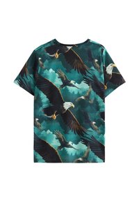 Kortärmad t-shirt i teal med en detaljerad örntryck i varierande nyanser av brunt och kräm, mot en texturerad molnbakgrund.