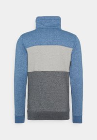 Fleece-Pullover mit hohem Kragen in drei Farbblöcken: Hellblau, Grau und Dunkelblau. Glatte Textur mit gerippten Bündchen.