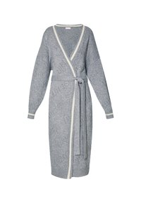 Abito avvolgente grigio in maglia con maniche lunghe, scollo a V e cintura con nodo. Presenta bordi color crema lungo lo scollo e le maniche.