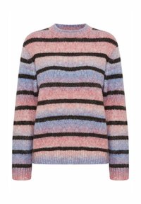 Pull rayé avec col rond, fabriqué en fil doux dans des teintes de rose, bleu et noir, avec une finition texturée et duveteuse.