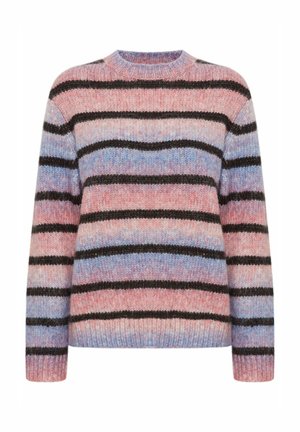 Ribaga kooted, millel on ümmargune kaelus, on valmistatud pehmest lõngast roosa, sinise ja musta tooni kombineerituna ning tekstuurse, pehme viimistlusega.