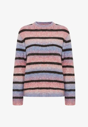 Ribaga kooted, millel on ümmargune kaelus, on valmistatud pehmest lõngast roosa, sinise ja musta tooni kombineerituna ning tekstuurse, pehme viimistlusega.