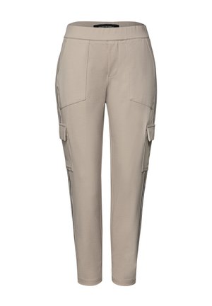 Beige slim-fit cargo pants with side flap pockets, front patch pockets, and elastic waistband, displayed on a white background.