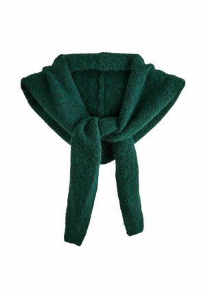 Thick dark green wool scarf folded and tied loosely with soft, fuzzy texture, isolated on white background.