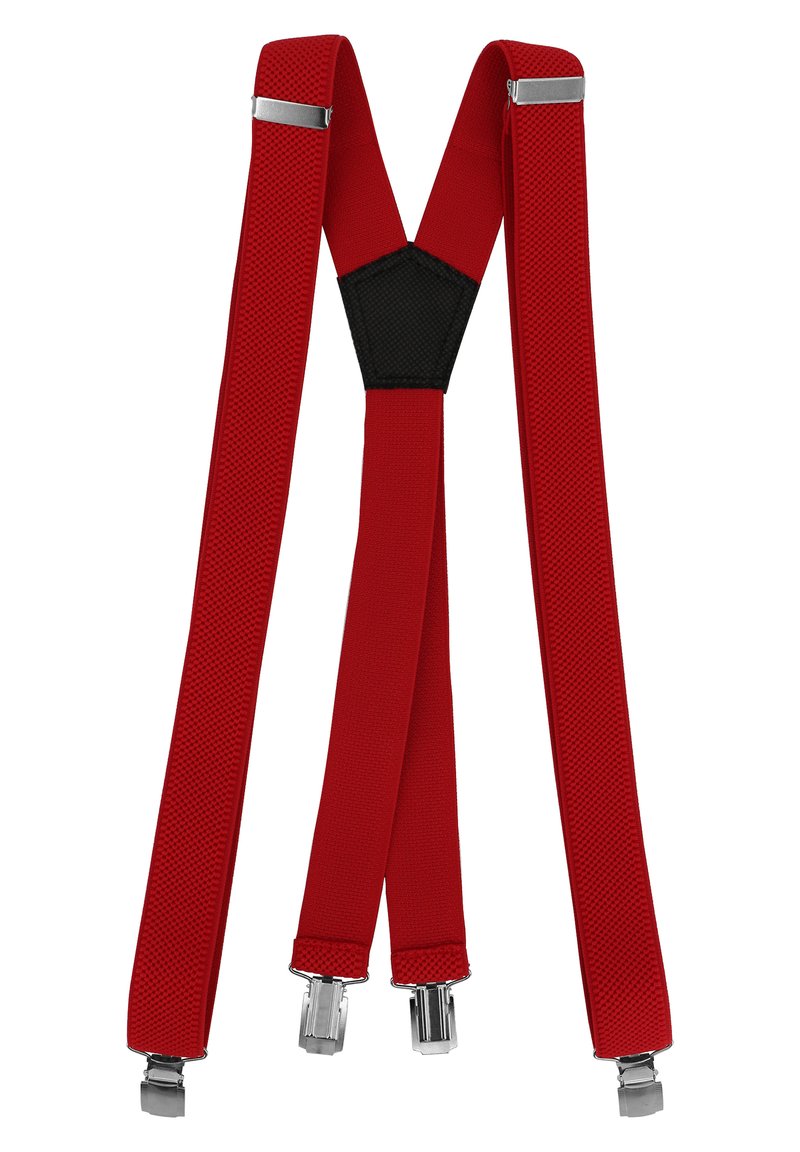 Rote elastische Hosenträger mit strukturierten Bändern, ausgestattet mit silbernen Metallclips und einem schwarzen Stoffmittelteil für zusätzlichen Halt.