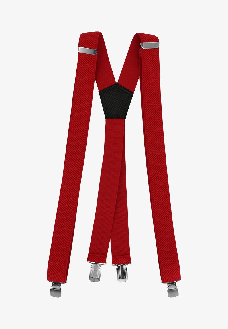Rote elastische Hosenträger mit strukturierten Bändern, ausgestattet mit silbernen Metallclips und einem schwarzen Stoffmittelteil für zusätzlichen Halt.