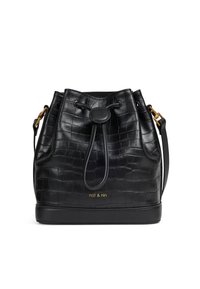 Black bucket bag made of croc-embossed leather, featuring a drawstring closure, gold hardware accents, and brand name printed in gold.