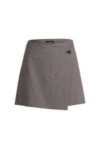 Svartvit houndstooth-mönstrad omslagskjol med sidoknappar, med rak skärning och slät textur.