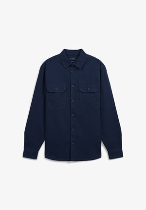 Dunkelblaues Langarmshirt aus Baumwolle mit zwei Brusttaschen, Knopfleiste und klassischem Kragen.