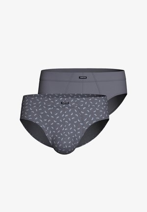 Deux slips pour hommes, un gris foncé uni et un gris foncé avec petits motifs de feuilles blanches, tous deux avec l'étiquette "Impetus" sur la ceinture.