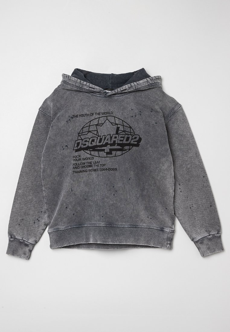 Felpa grigia con una finitura sbiadita e usurata. Logo prominente stampato in nero sulla parte anteriore. Presenta un cappuccio con coulisse e polsini a costine.