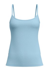 Lichtblauw tanktop gemaakt van zachte stof, met dunne verstelbare bandjes, een aansluitende silhouette en een gladde textuur zonder zichtbare patronen.