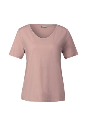 Różowa koszulka z krótkim rękawem wykonana z miękkiego materiału, z szerokim dekoltem w serek i luźnym krojem, bez widocznych wzorów ani akcentów.