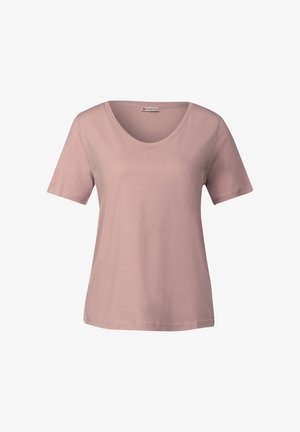 Roze t-shirt met korte mouwen van zachte stof, met een ruime ronde halslijn en een ontspannen pasvorm, zonder zichtbare patronen of accenten.