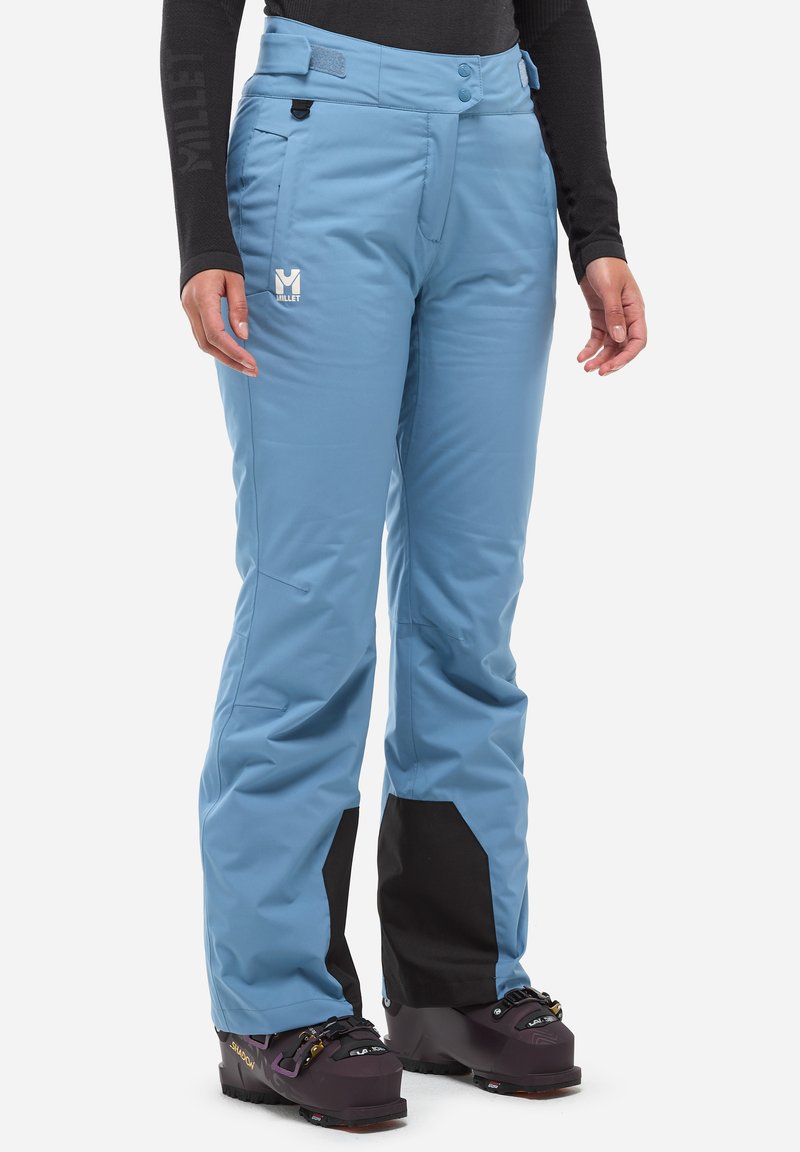 Pantalons de ski bleus en tissu résistant à l'eau avec des poignets renforcés noirs, dotés de deux poches avant et d'une fermeture éclair.