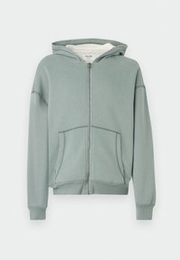Light green zip-up hoodie with front pockets, ribbed cuffs, and an attached hood lined with white fabric.