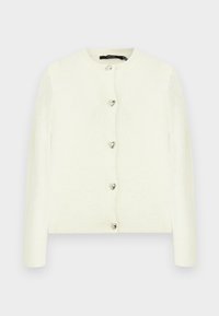 Cardigan blanc en matière douce avec un col rond, doté de six boutons argentés en forme de cœur sur le devant et de poignets côtelés.