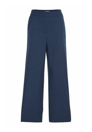 Pantalons larges bleu marine avec un motif à rayures ; fabriqués en tissu doux ; dotés d'une taille élastique pour le confort et la facilité d'enfilage.