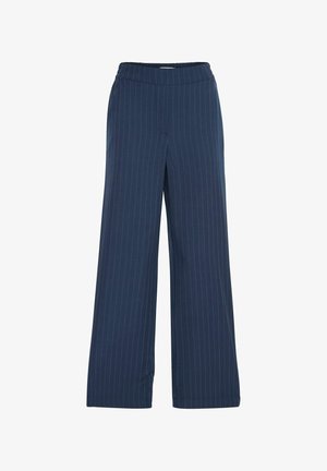 Pantaloni a gamba larga blu navy con motivo a righe; realizzati in tessuto morbido; presentano una vita elasticizzata per comfort e facilità d'uso.