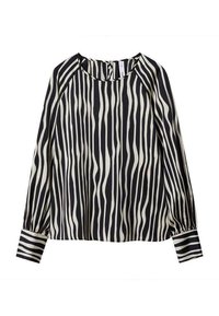 Blouse à manches longues avec des rayures ondulées verticales noires et blanches et des poignets larges, dotée d'un col rond et d'une fermeture par boutons au dos.