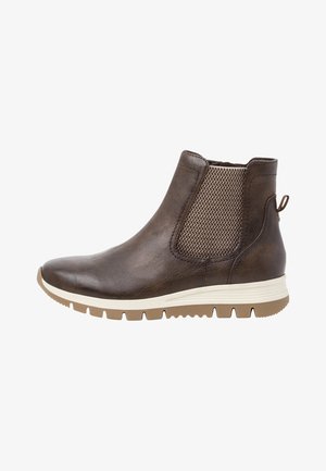 Brown leather ankle boot with elastic side panels, textured fabric, and a cushioned white sole. Features a pull tab for easy wear.