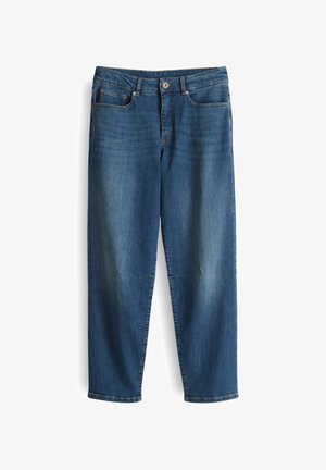 Jeans aus Denim in Mittblau mit entspannter Passform. Verfügt über fünf Taschen, einen Knopfverschluss und leichtes Ausbleichen in der Nähe der Knie.
