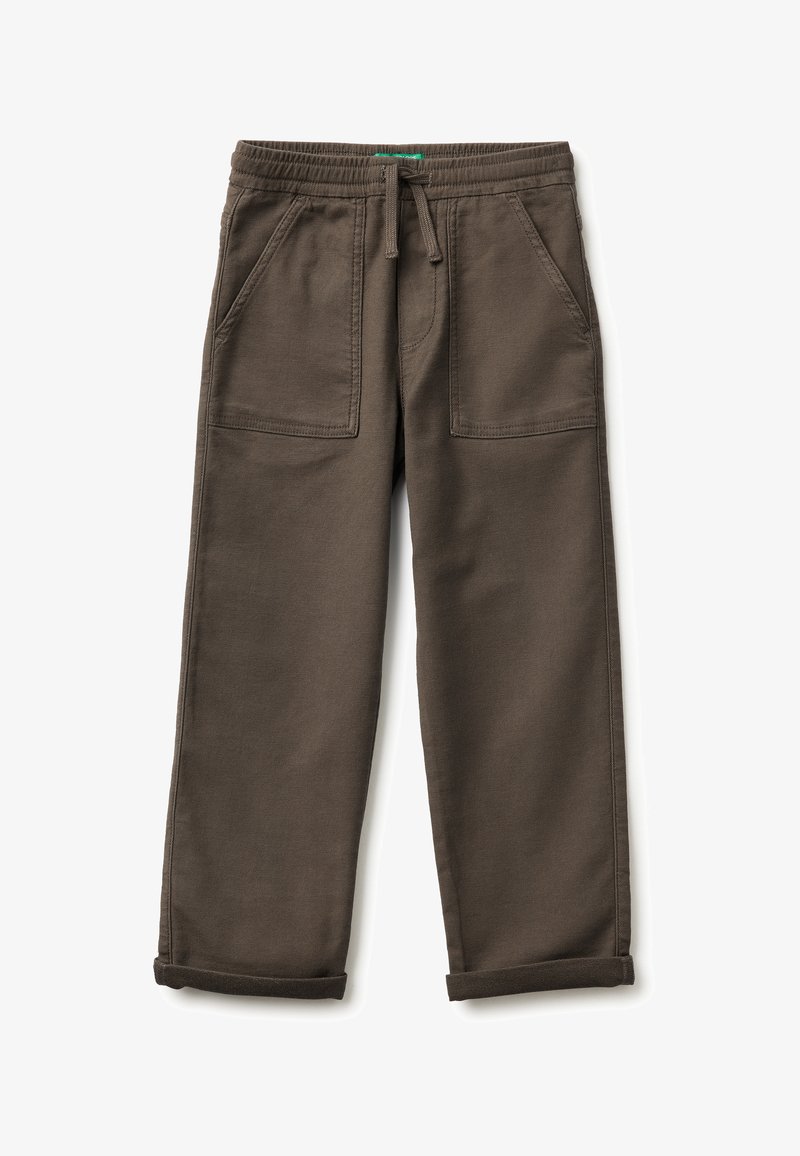 Pantaloni in cotone marroni con vita elastica e cordino, dotati di due tasche frontali e risvolti per un fit rilassato.