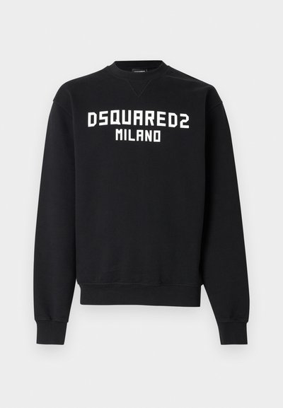 Schwarzer Pullover mit langen Ärmeln, Rundhalsausschnitt und weißem "DSQUARED2 MILANO"-Schriftzug auf der Vorderseite. Hergestellt aus weichem Stoff.