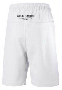 Witte katoenen shorts met een brede elastische tailleband. Heeft zwarte tekst aan de achterkant met de tekst "HELLY HANSEN BETROUWEN DOOR PROFESSIONALS SINDS 1877."