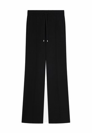 Pantalones de chándal negros de pernera ancha, confeccionados en una tela suave, con una cinturilla elástica y cordón ajustable, además de bolsillos laterales. Diseño liso sin patrones.
