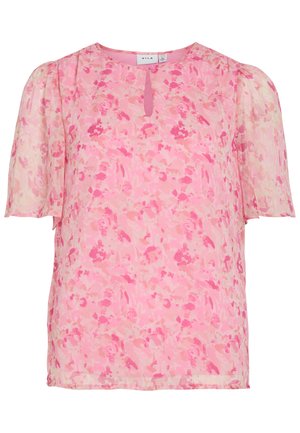 Roze blouse met korte mouwen, aquarel bloemenpatroon, ronde halslijn, keyhole uitsnede en licht opgeblazen mouwen.